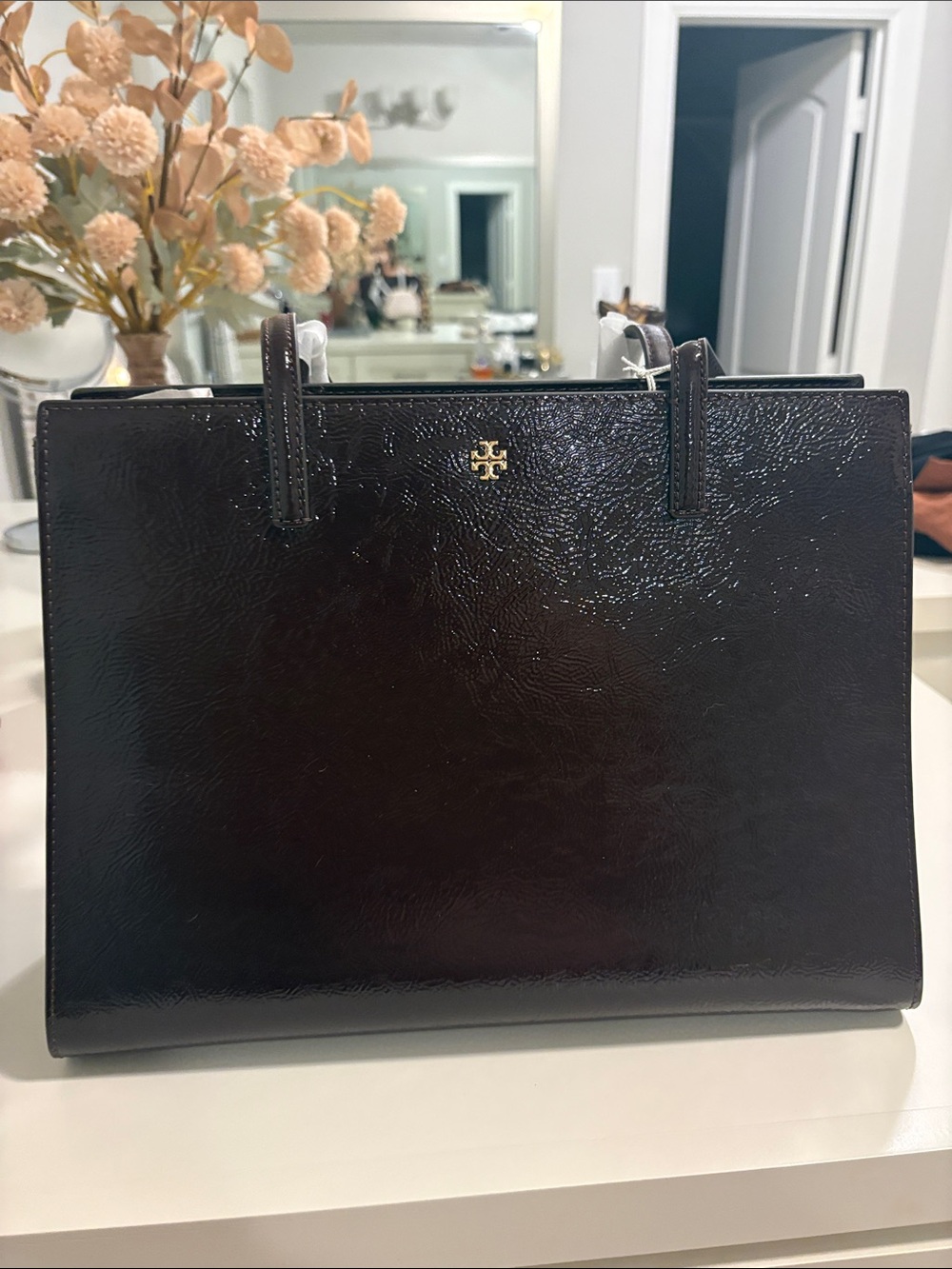 Tory Burch Patent Leather Top-Handle Tote with Gold Logo in burgundy - Picture 1 of 3